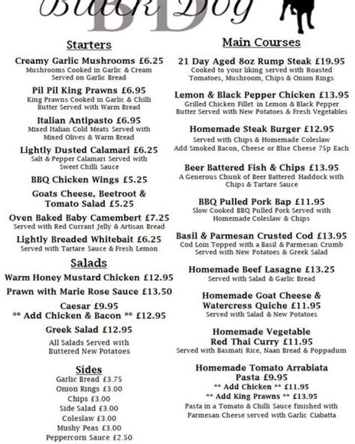 The Delectable Offerings Of The Black Dog Menu